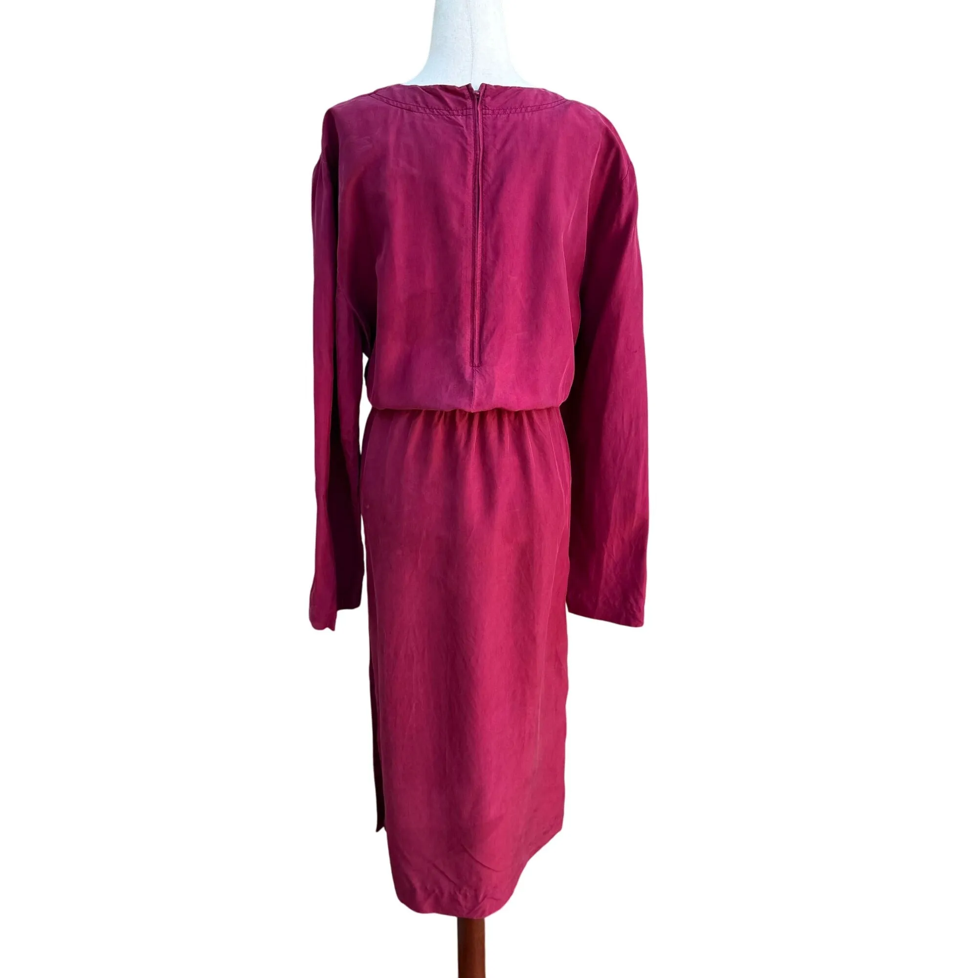 Leslie Fay Vintage Burgundy Long-Sleeve Side Button Detail Fitted Waist Dress 16