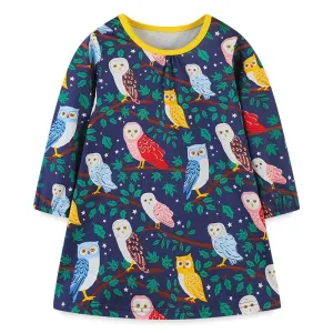 Long Sleeve Cute Owls Pattern Girls Dress