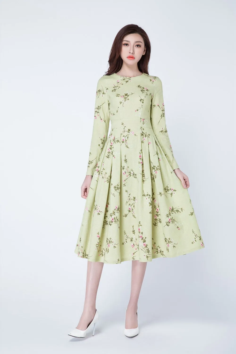 long sleeves floral romantic linen dress 1737