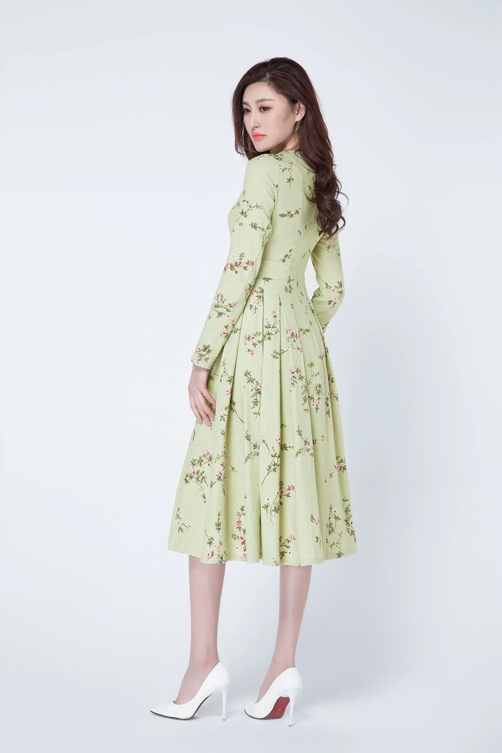 long sleeves floral romantic linen dress 1737