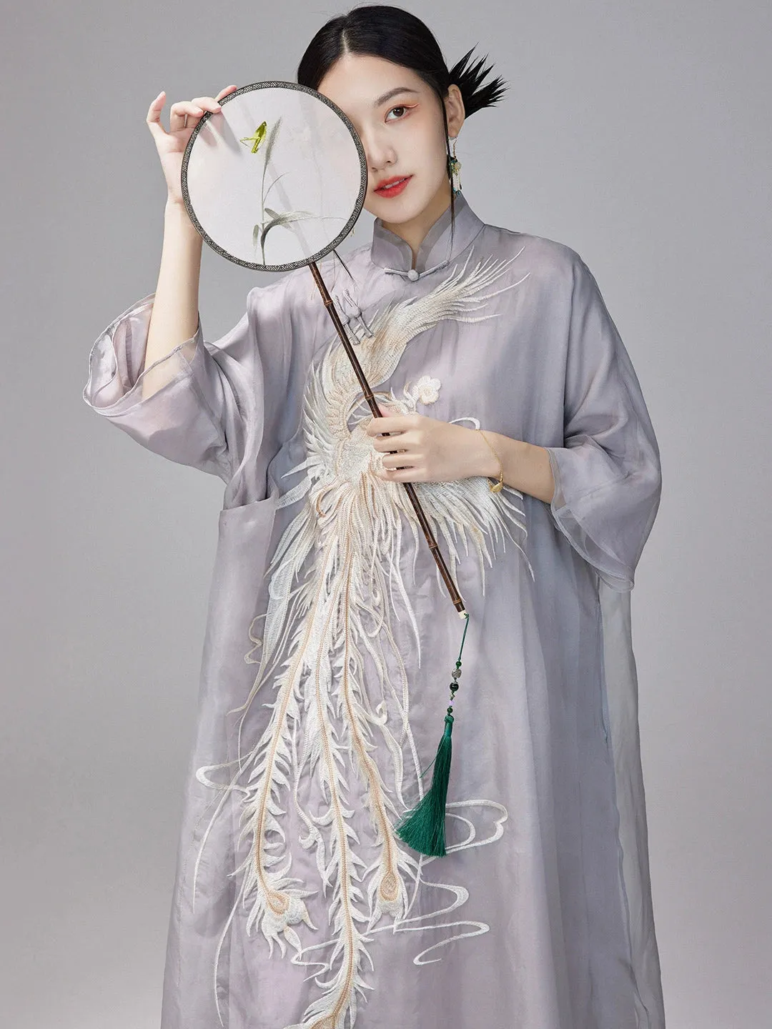 Loose Cheongsam Silk New Chinese Style Dress, White Phoenix