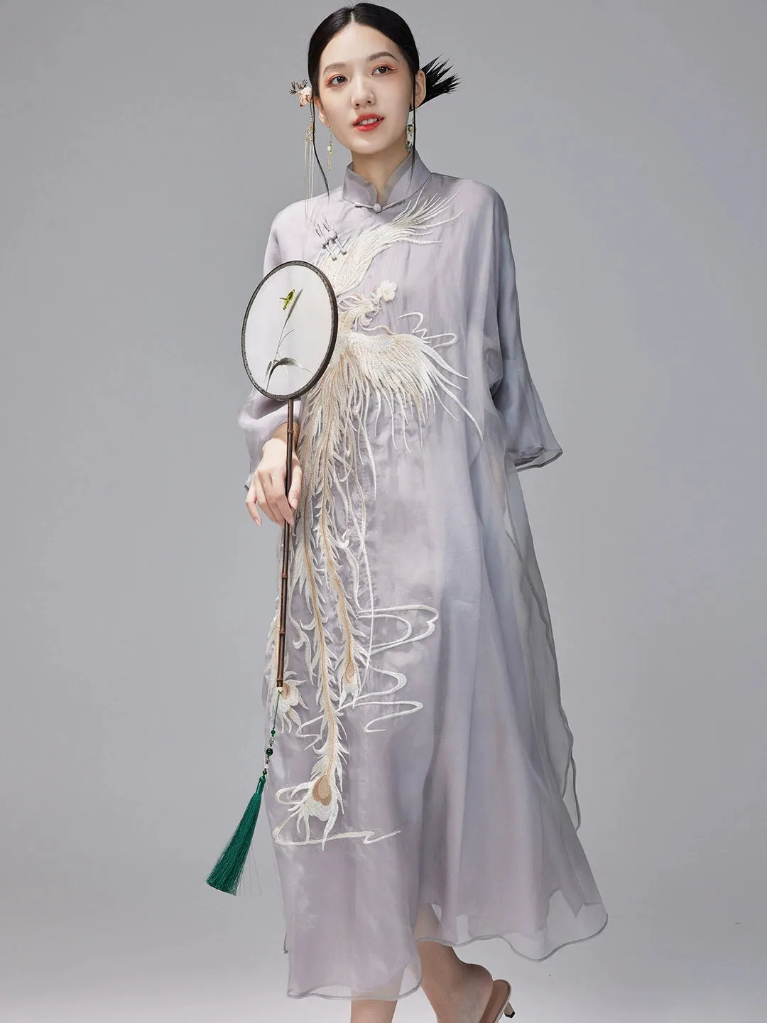 Loose Cheongsam Silk New Chinese Style Dress, White Phoenix