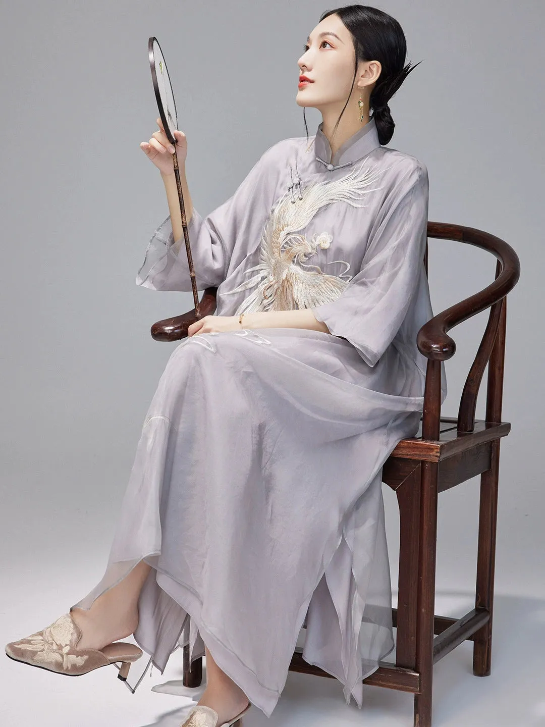 Loose Cheongsam Silk New Chinese Style Dress, White Phoenix