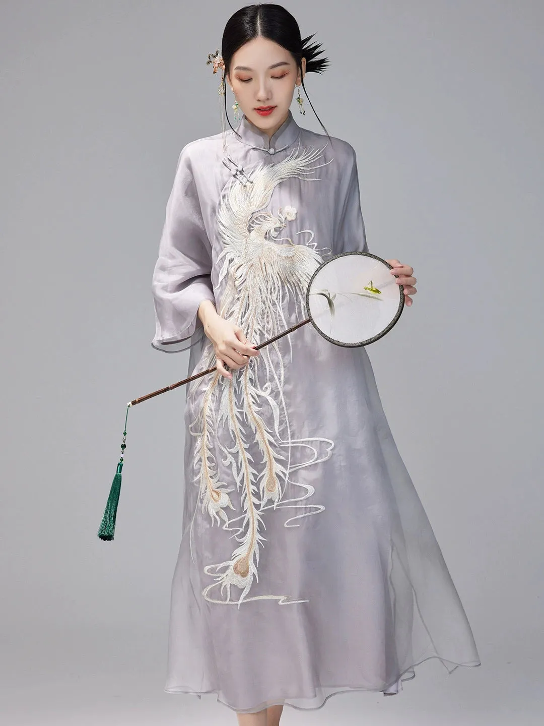 Loose Cheongsam Silk New Chinese Style Dress, White Phoenix