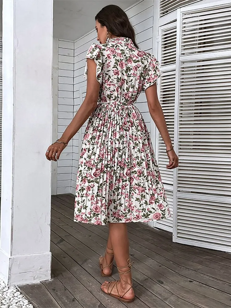 Marilyn Vintage Floral Print Pleated Midi Dress