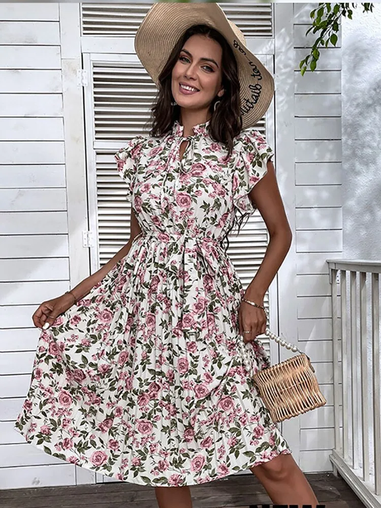 Marilyn Vintage Floral Print Pleated Midi Dress