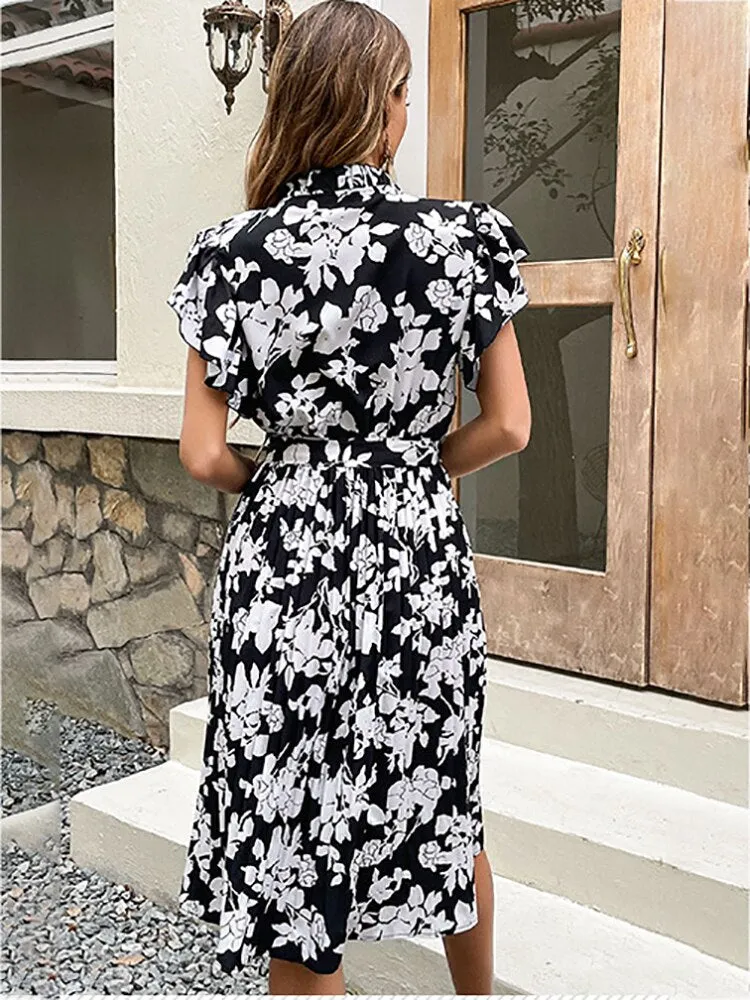 Marilyn Vintage Floral Print Pleated Midi Dress