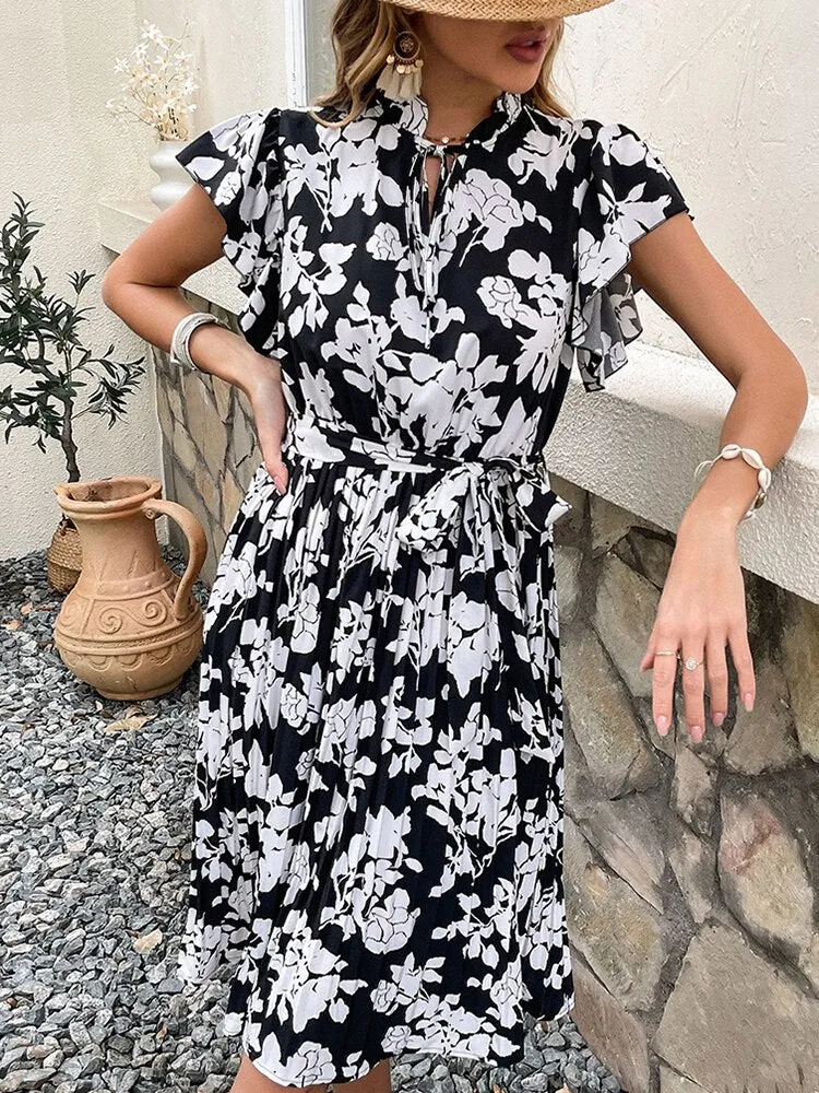 Marilyn Vintage Floral Print Pleated Midi Dress