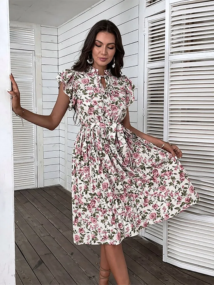 Marilyn Vintage Floral Print Pleated Midi Dress
