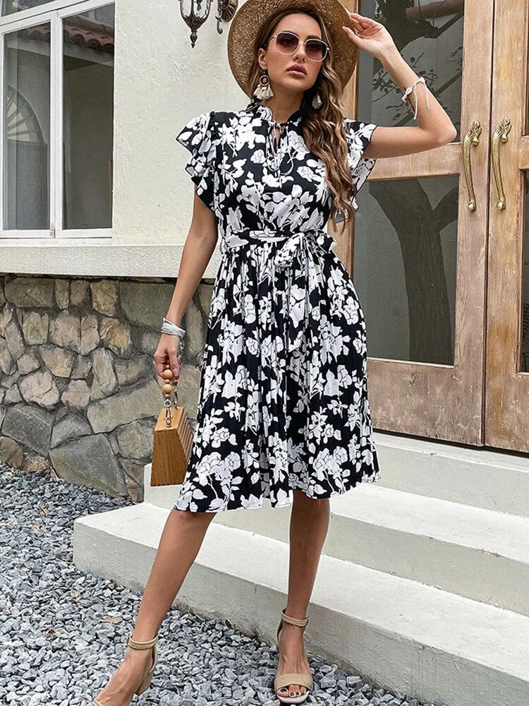 Marilyn Vintage Floral Print Pleated Midi Dress
