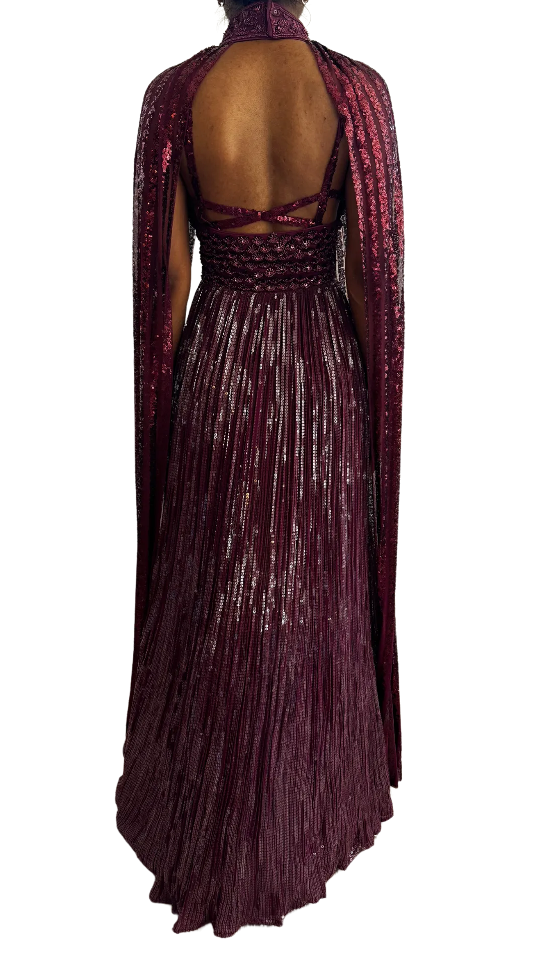 Maroon Fully Sequined & Beaded Cape  Gown