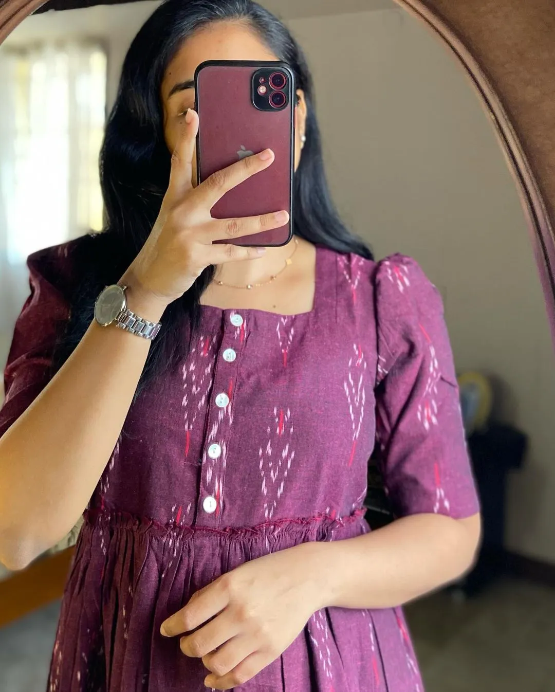 Maroon Ikat Cotton Middy Dress