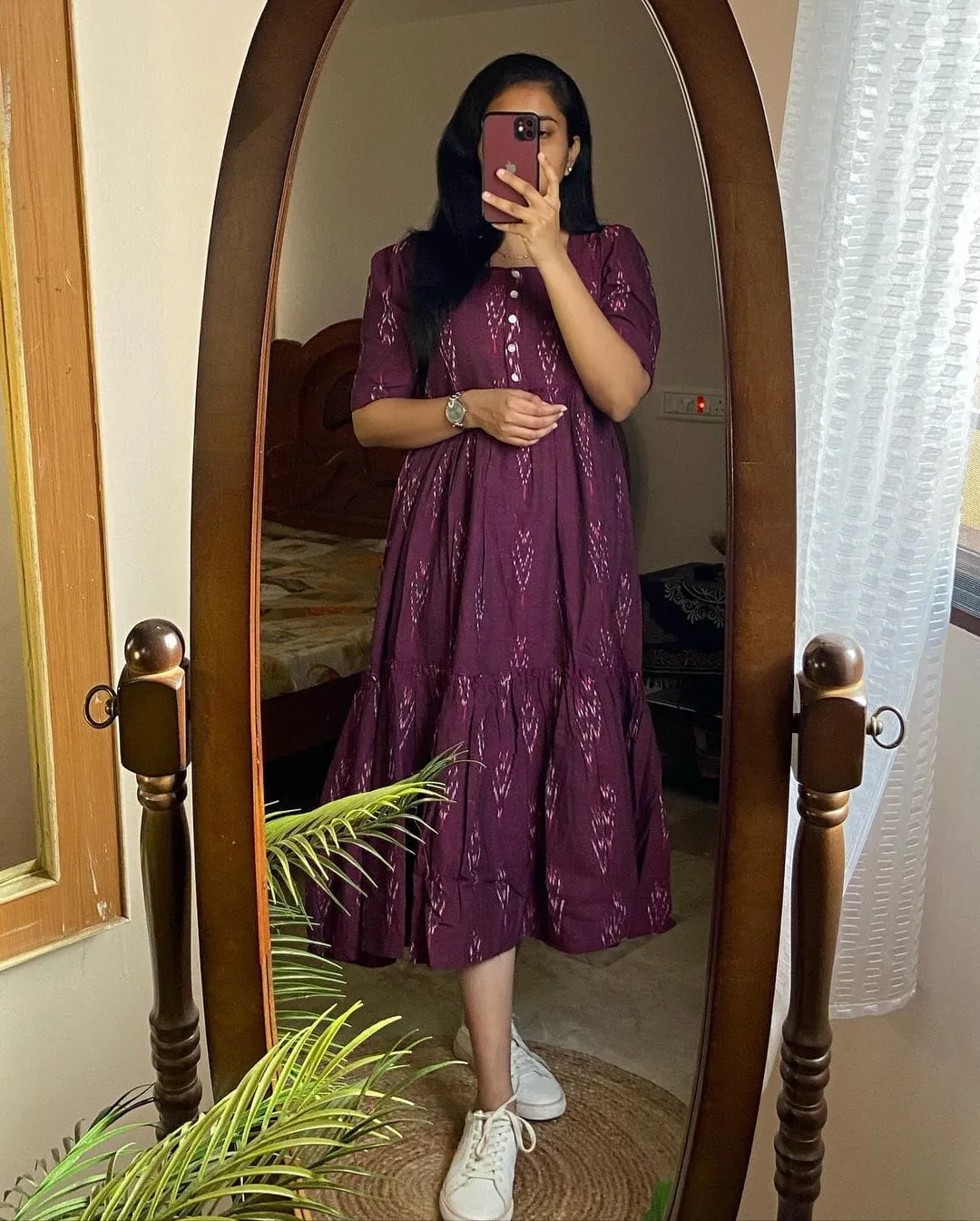 Maroon Ikat Cotton Middy Dress