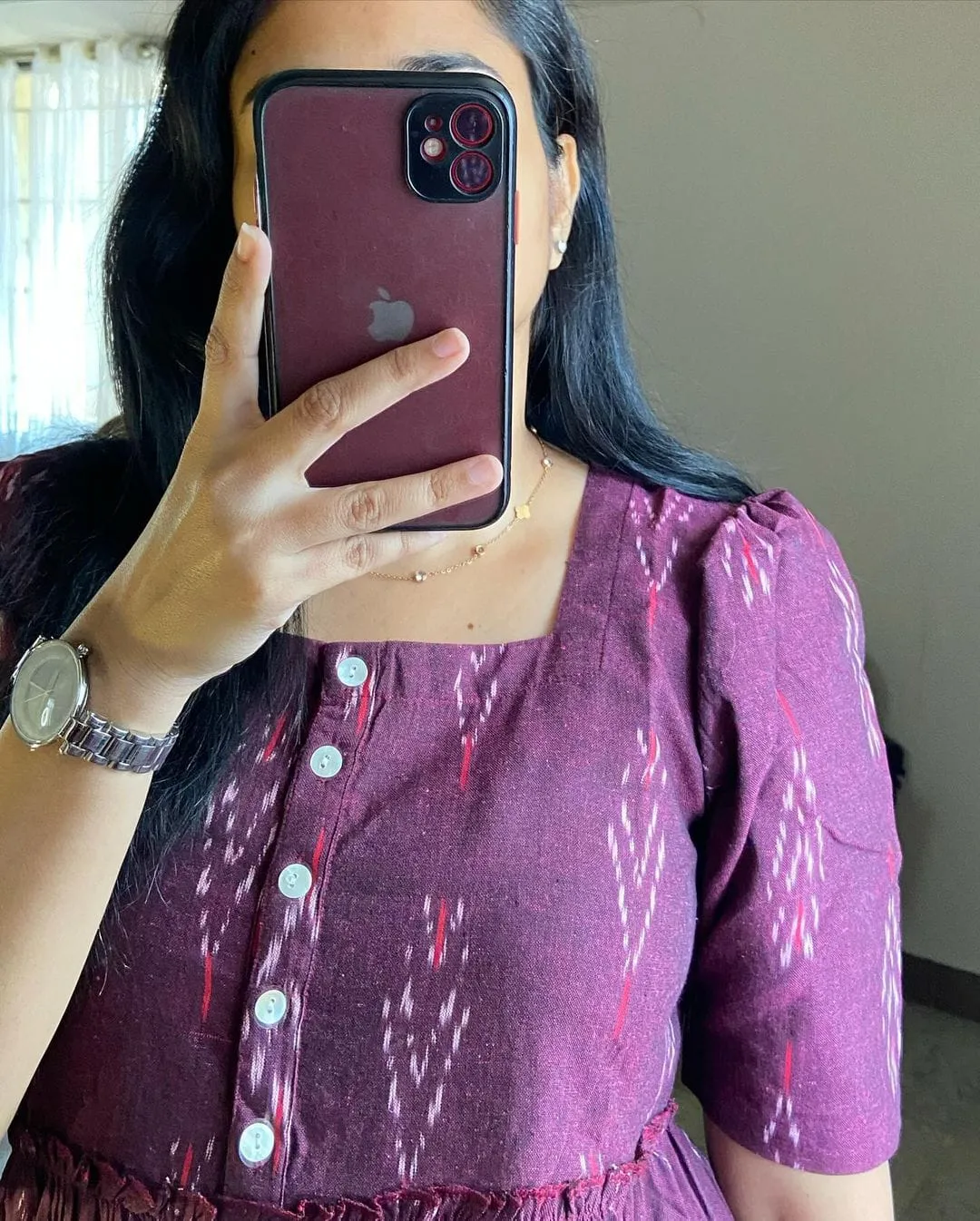 Maroon Ikat Cotton Middy Dress