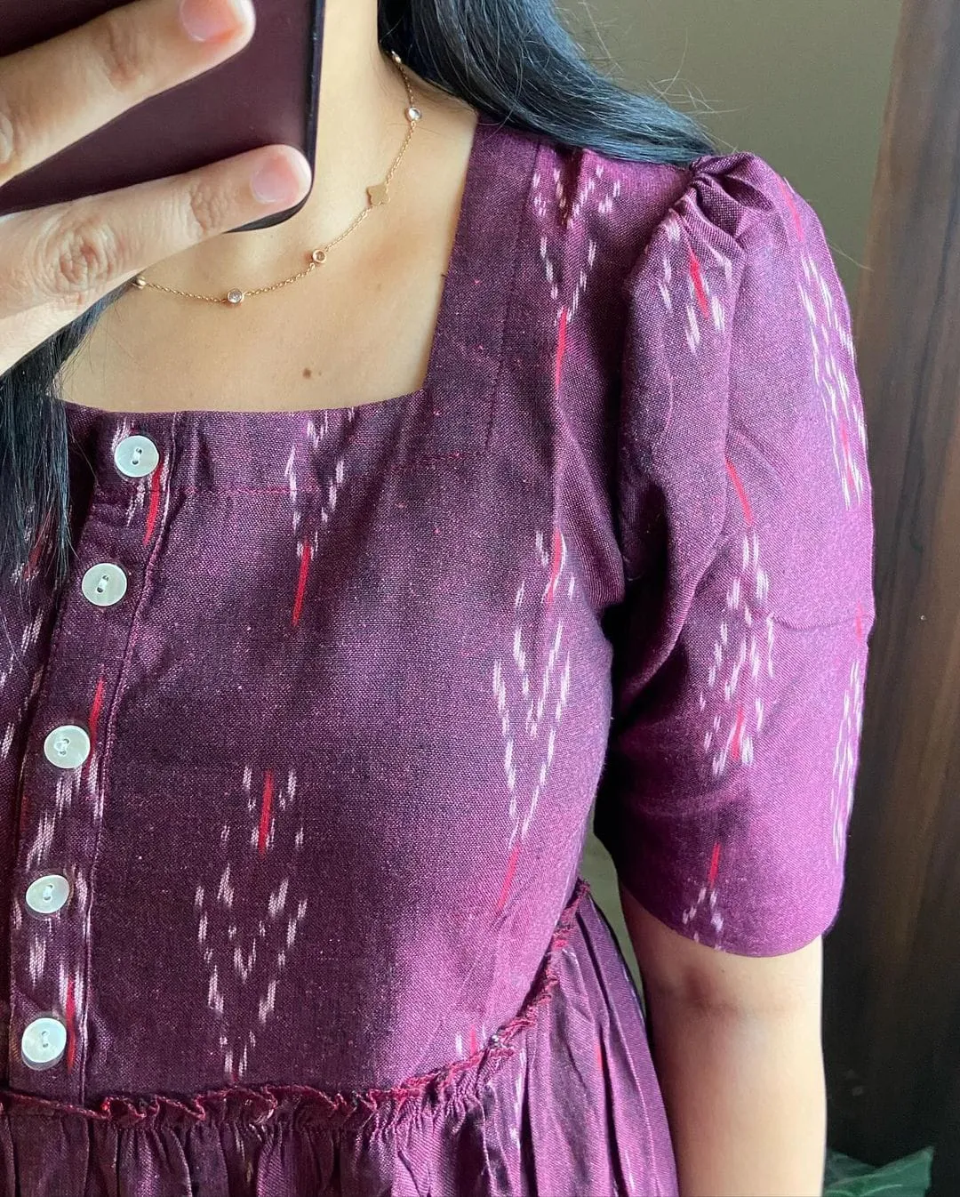 Maroon Ikat Cotton Middy Dress