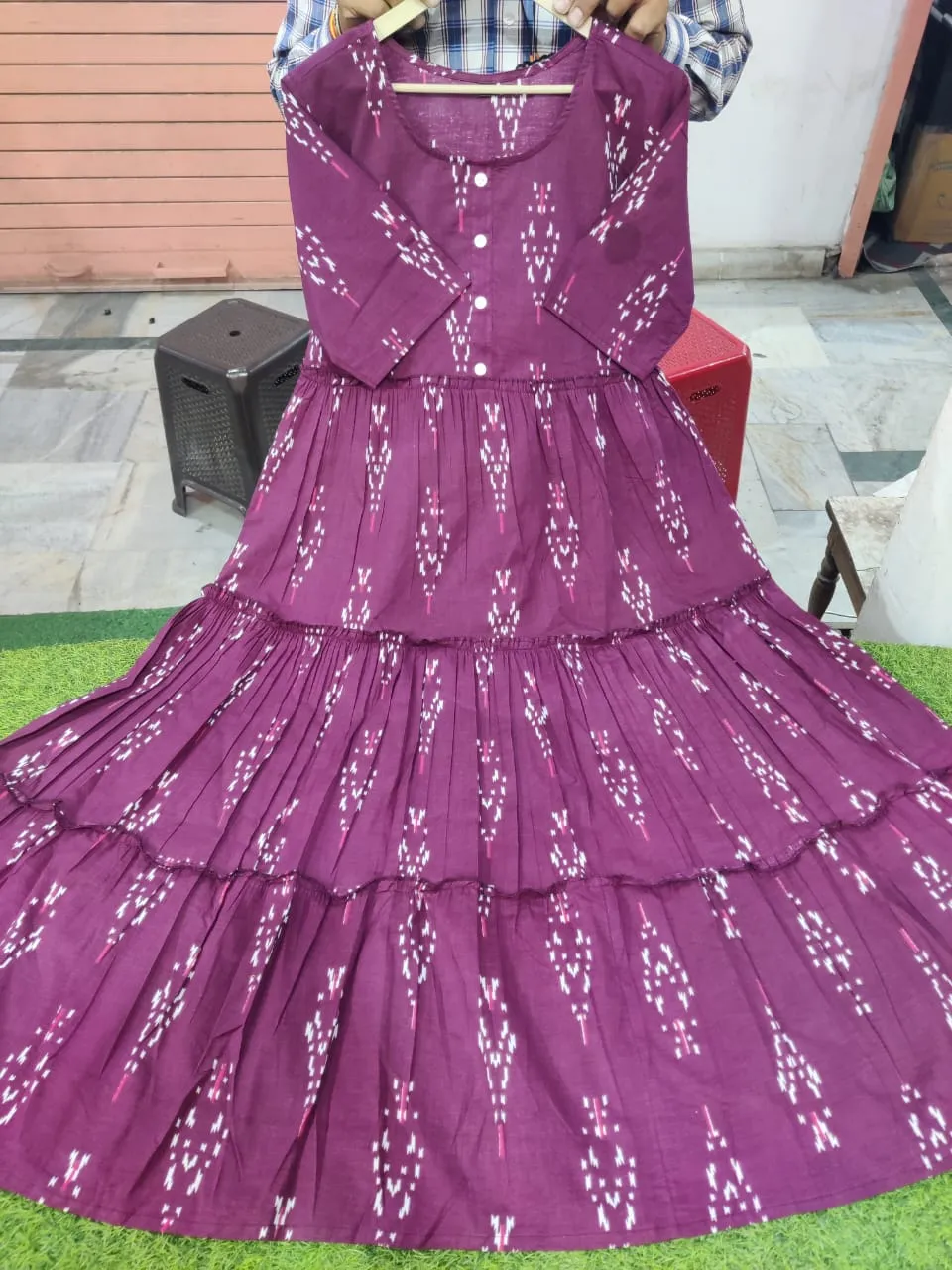 Maroon Ikat Cotton Middy Dress