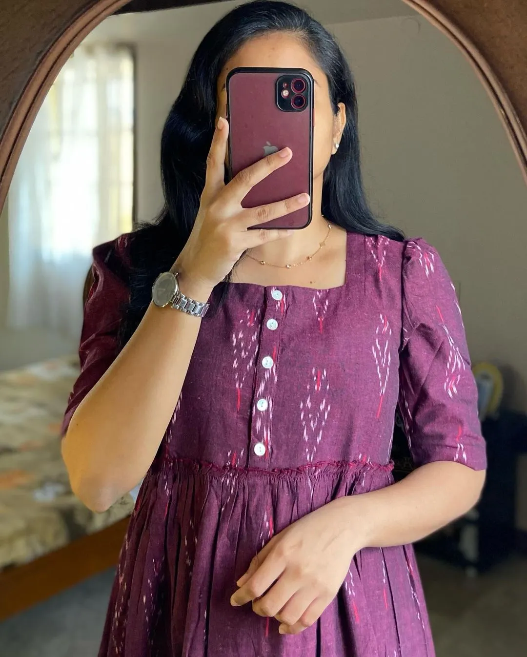 Maroon Ikat Cotton Middy Dress