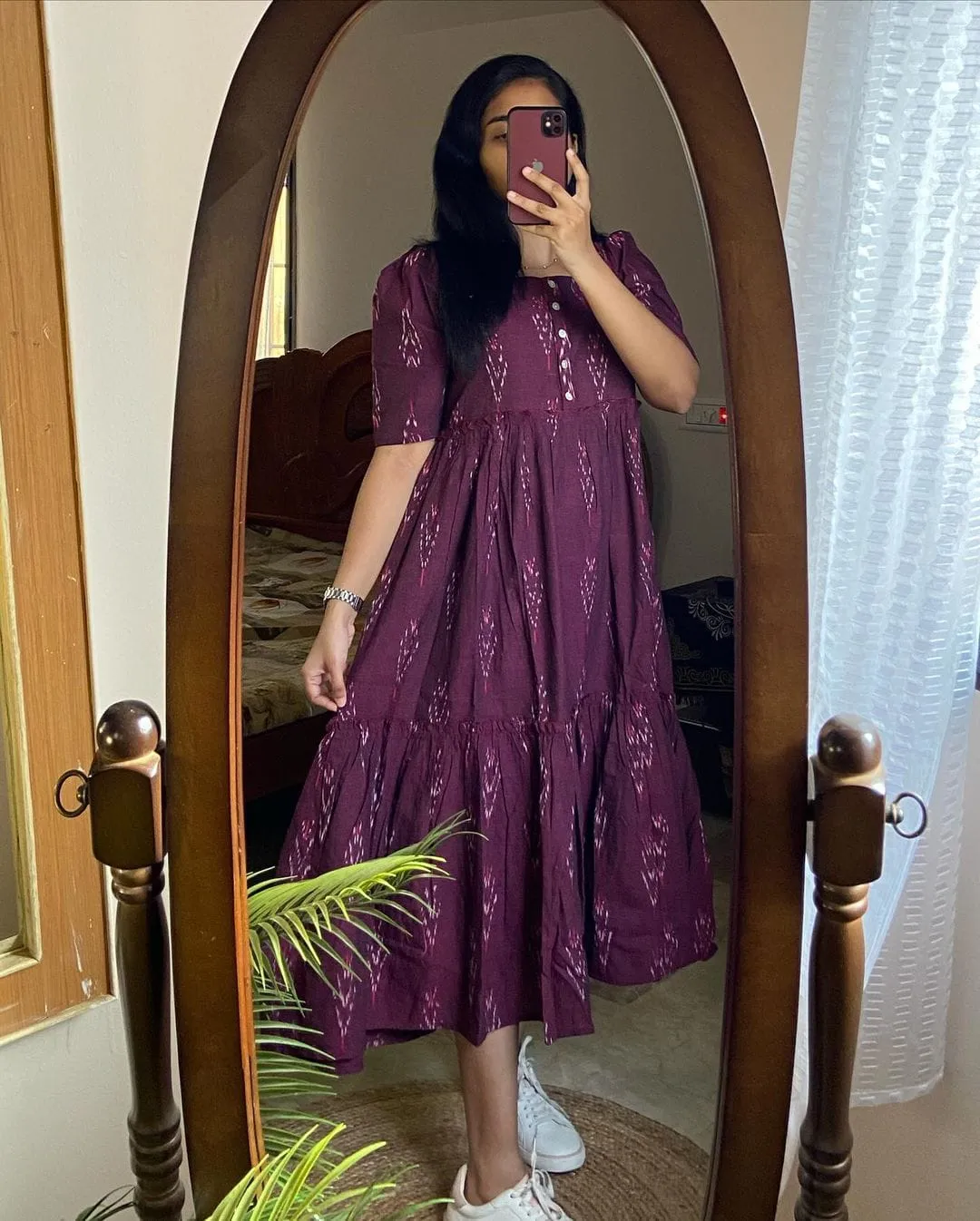 Maroon Ikat Cotton Middy Dress