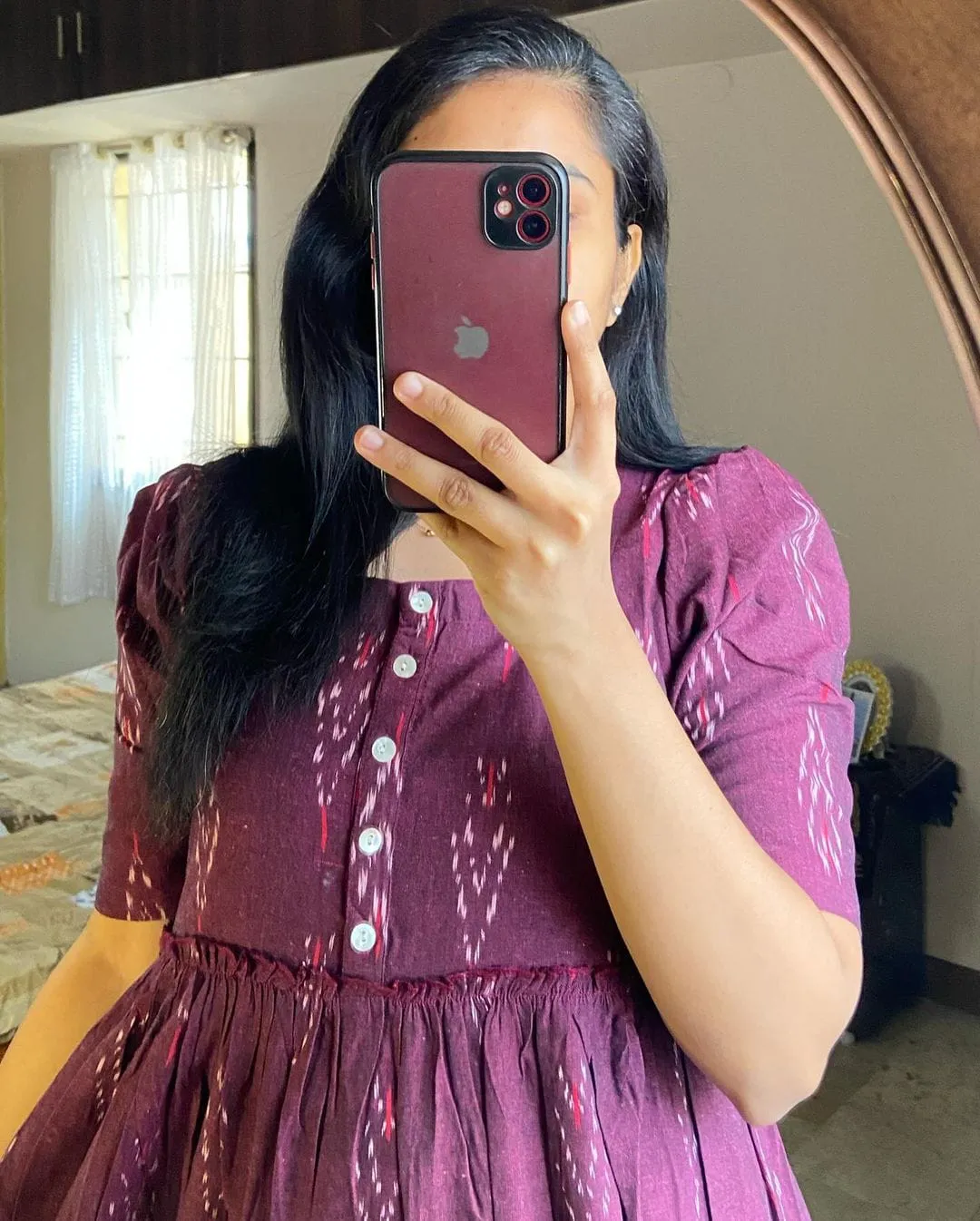 Maroon Ikat Cotton Middy Dress
