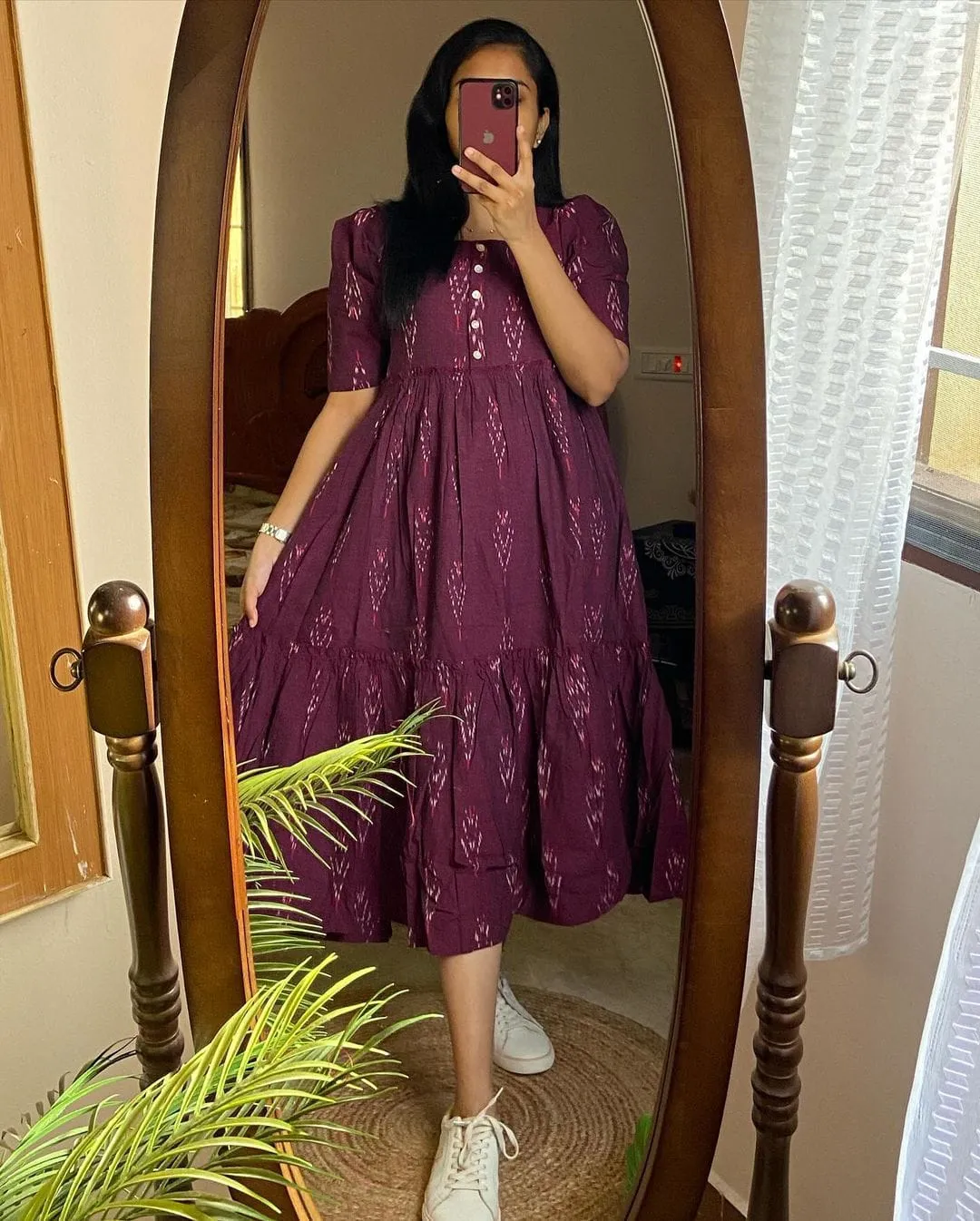 Maroon Ikat Cotton Middy Dress
