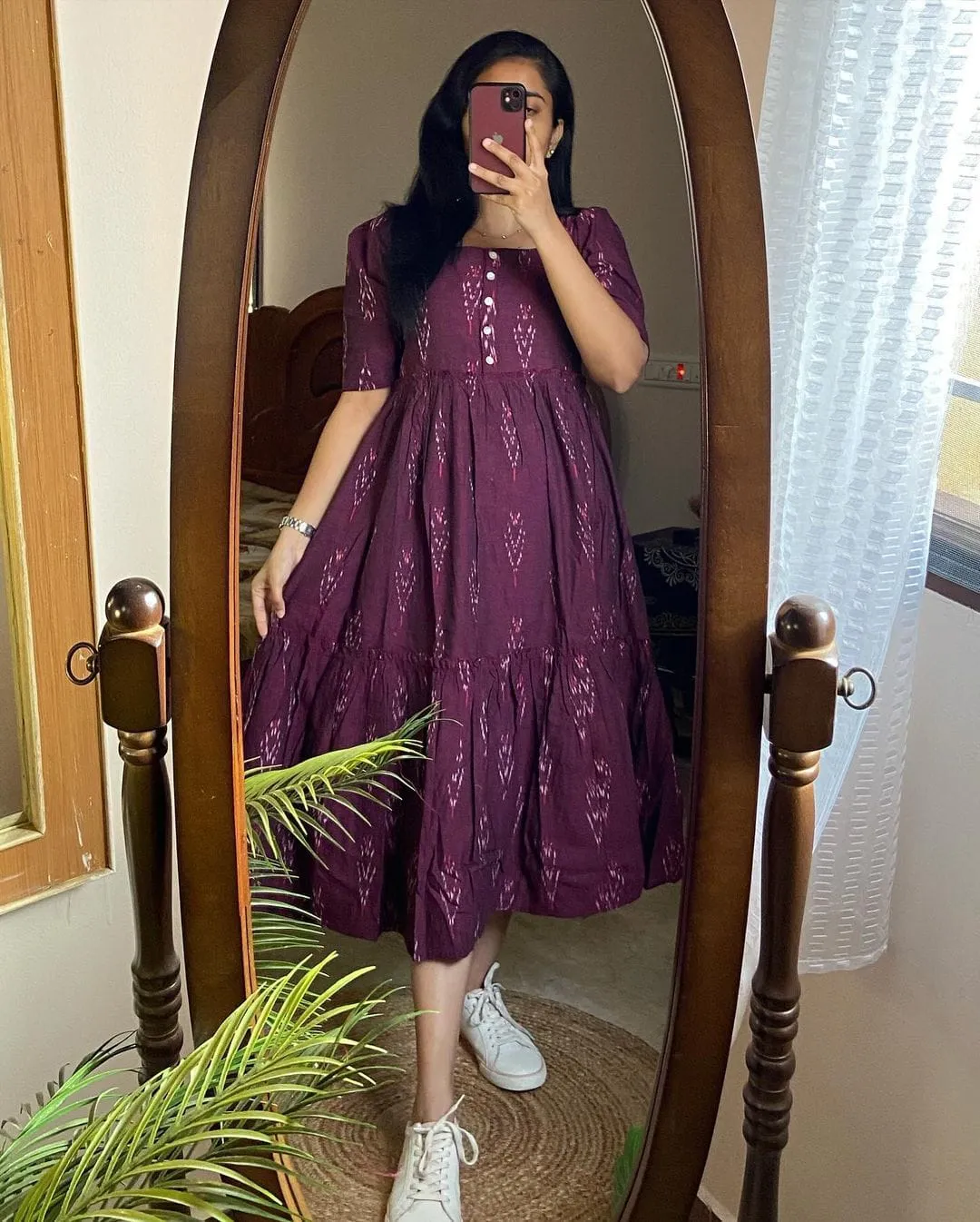 Maroon Ikat Cotton Middy Dress
