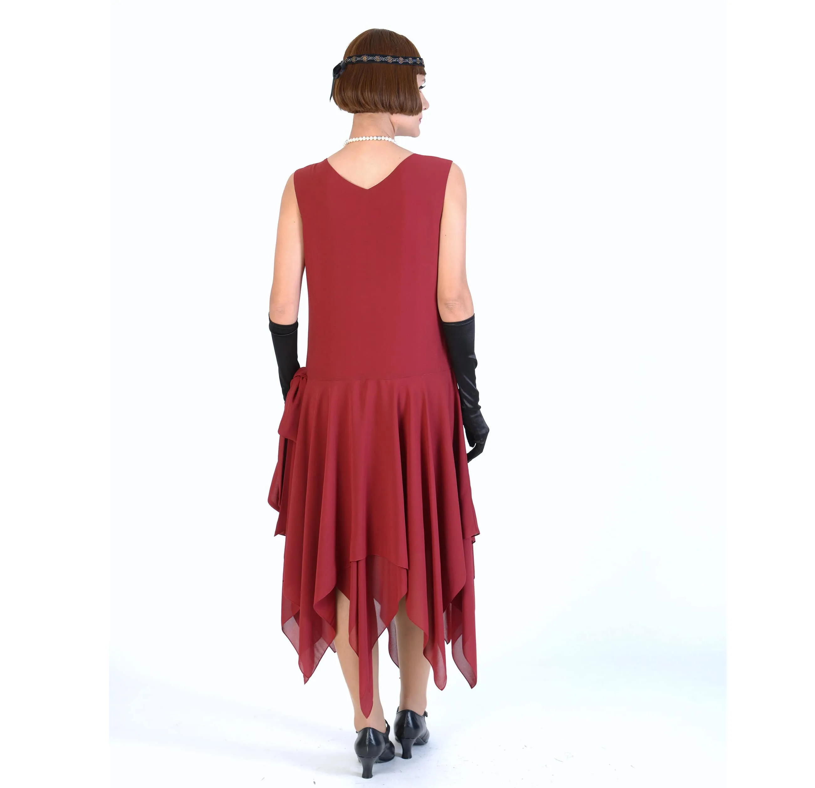 Maroon red 1920s party dress of chiffon with handkerchief skirt