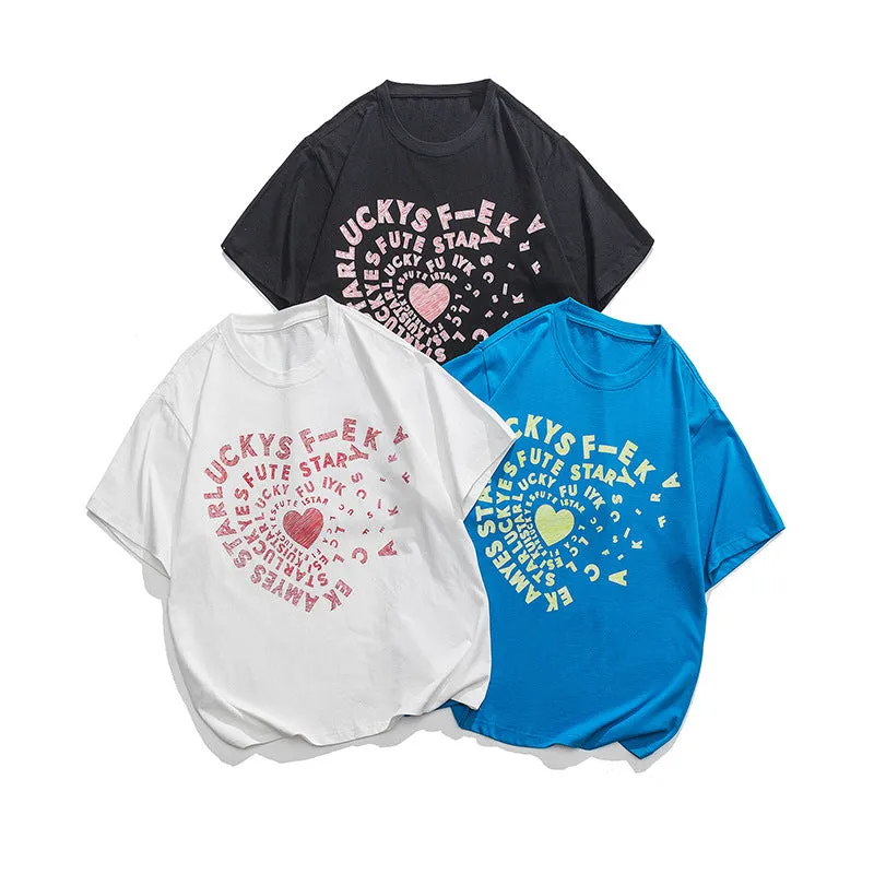 Men T-Shirt Summer Letter Heart Printing round Neck T-shirt