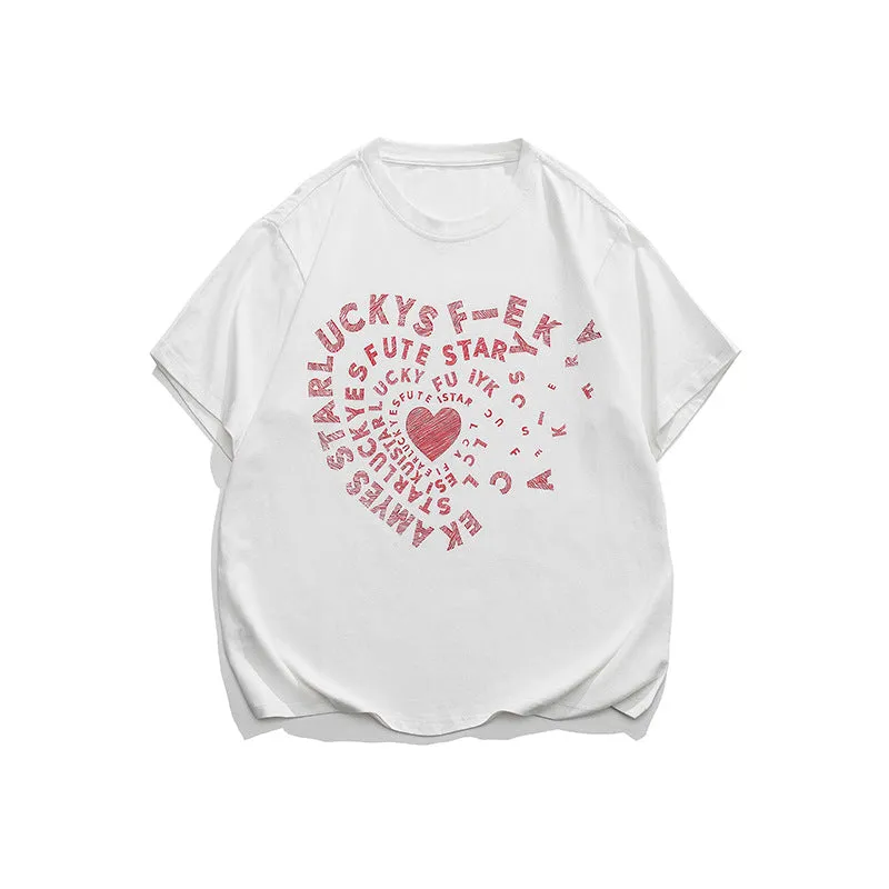 Men T-Shirt Summer Letter Heart Printing round Neck T-shirt