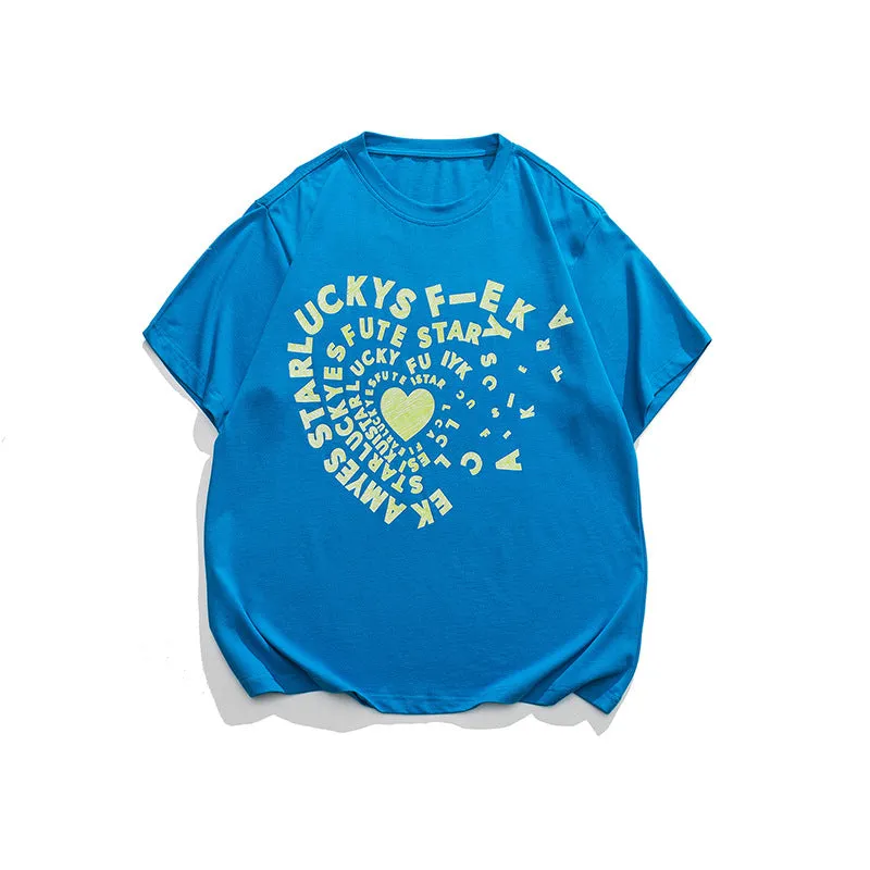 Men T-Shirt Summer Letter Heart Printing round Neck T-shirt