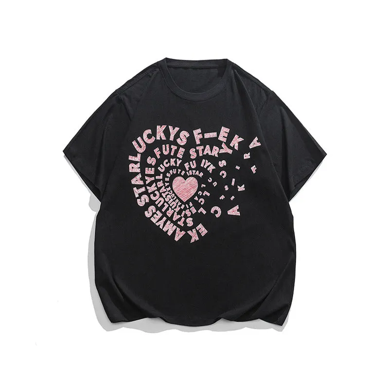 Men T-Shirt Summer Letter Heart Printing round Neck T-shirt