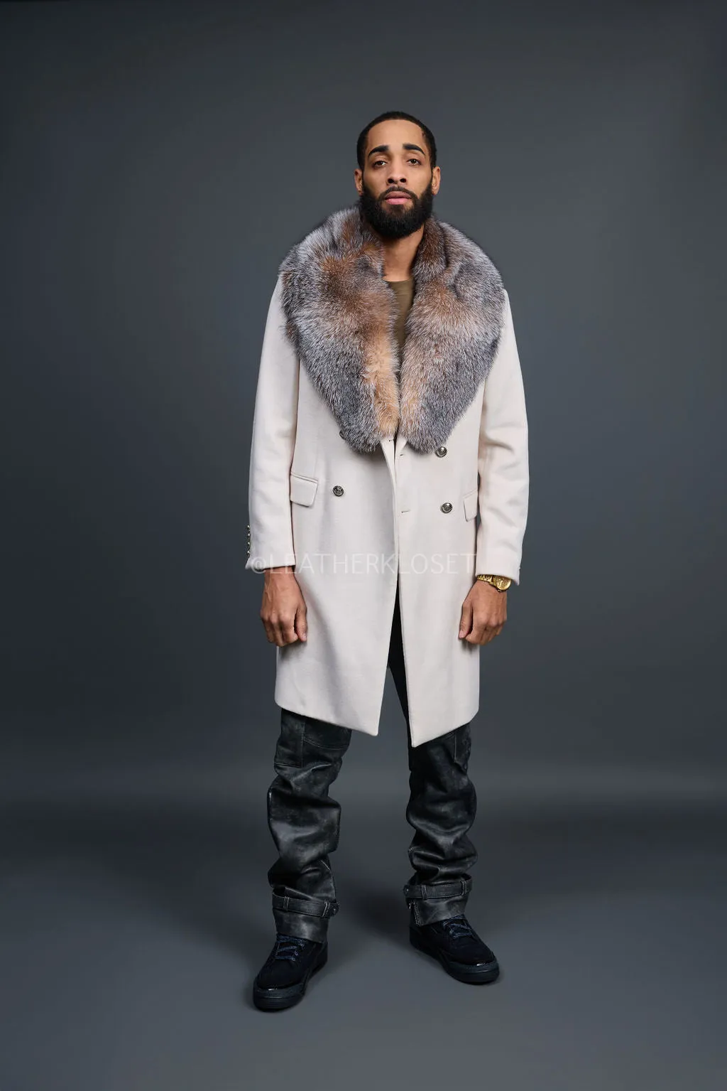 Men's Cashmere Trench Coat With Fox Collar [Crystal]