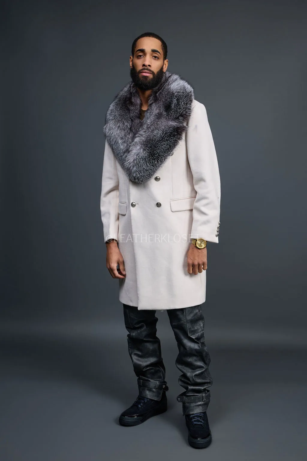 Men's Cashmere Trench Coat With Fox Collar [Silver]