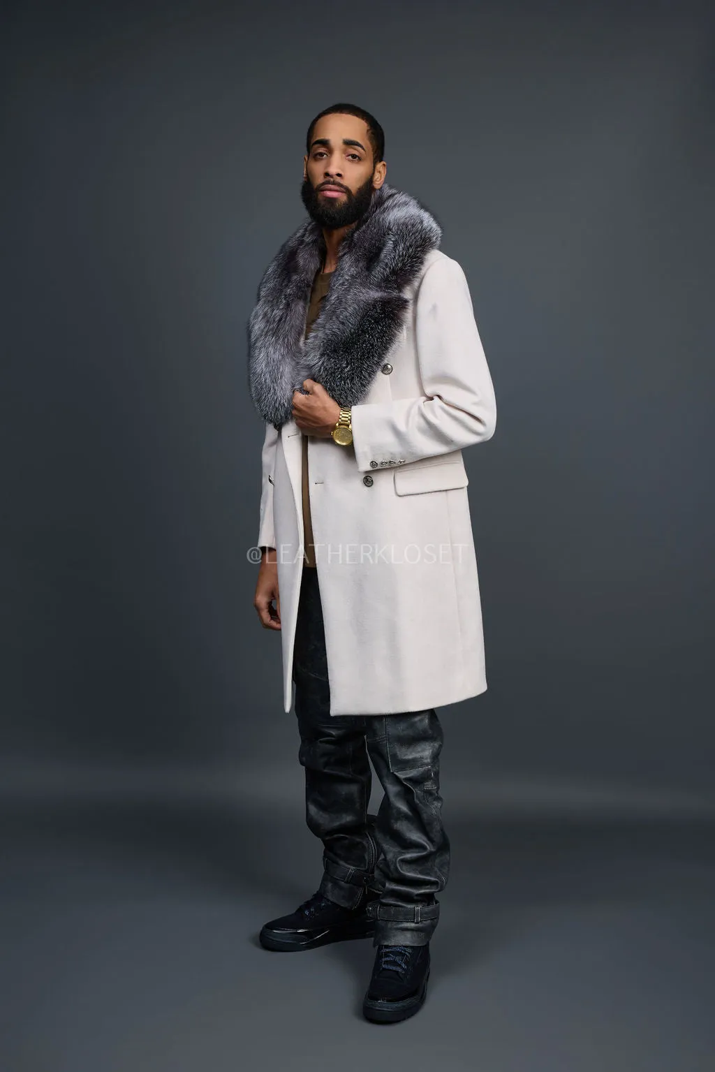 Men's Cashmere Trench Coat With Fox Collar [Silver]