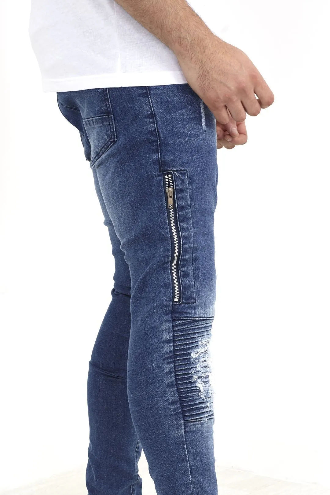 MID BLUE BIKER STYLE ZIP DETAIL RIPPED DENIM JEANS