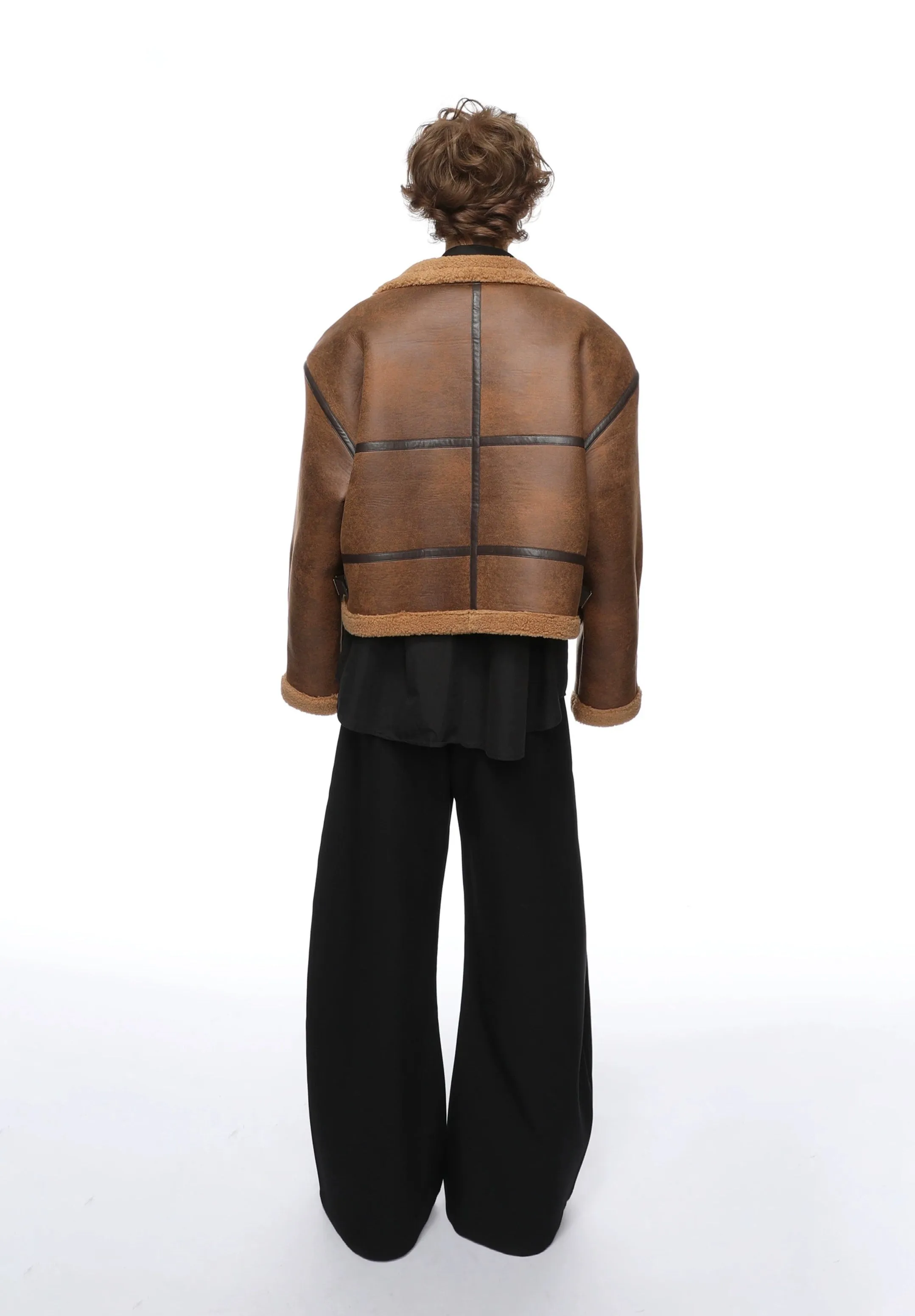 Mid-Crop Shearling Lined Faux Leather Aviator Jacket