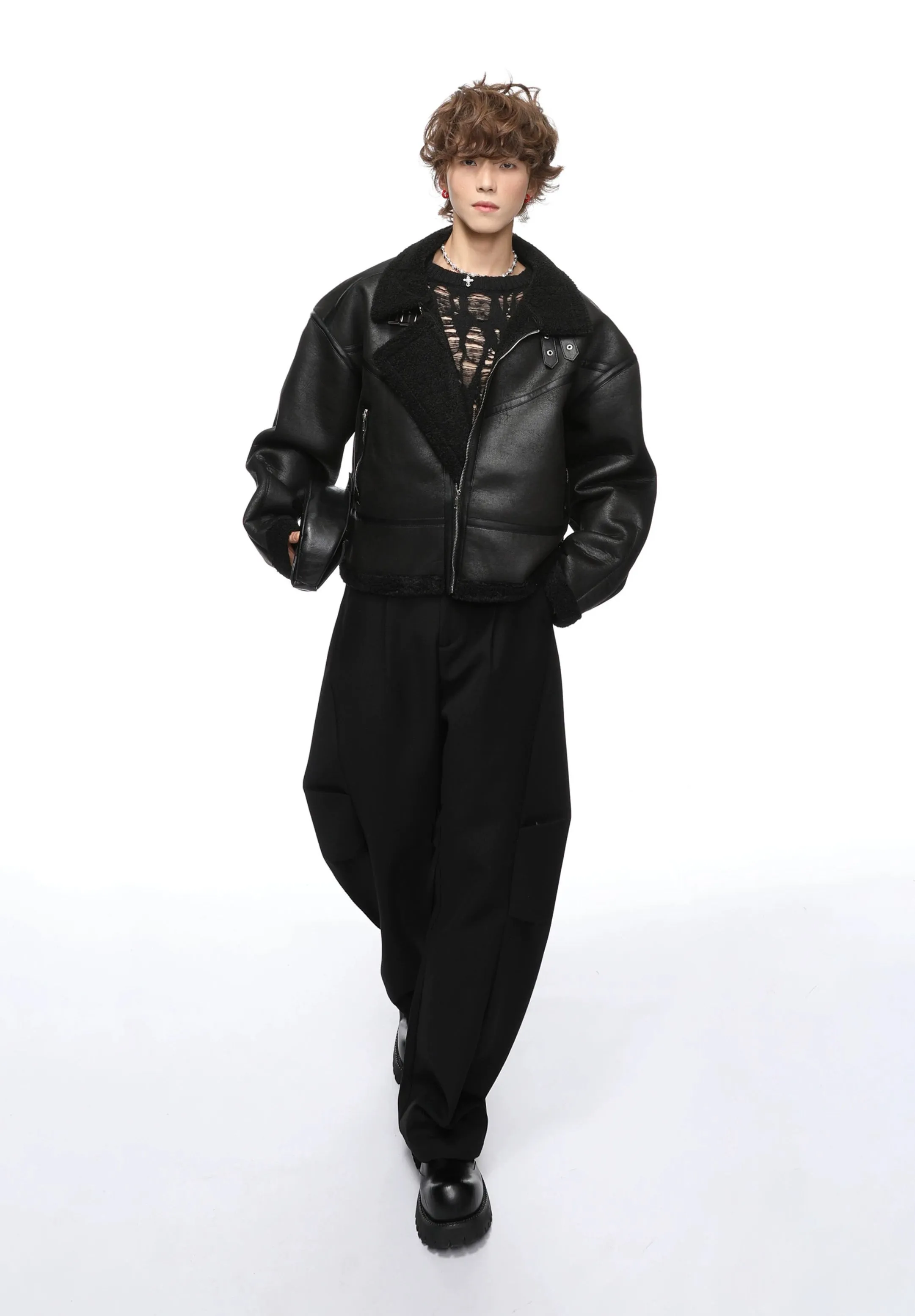 Mid-Crop Shearling Lined Faux Leather Aviator Jacket