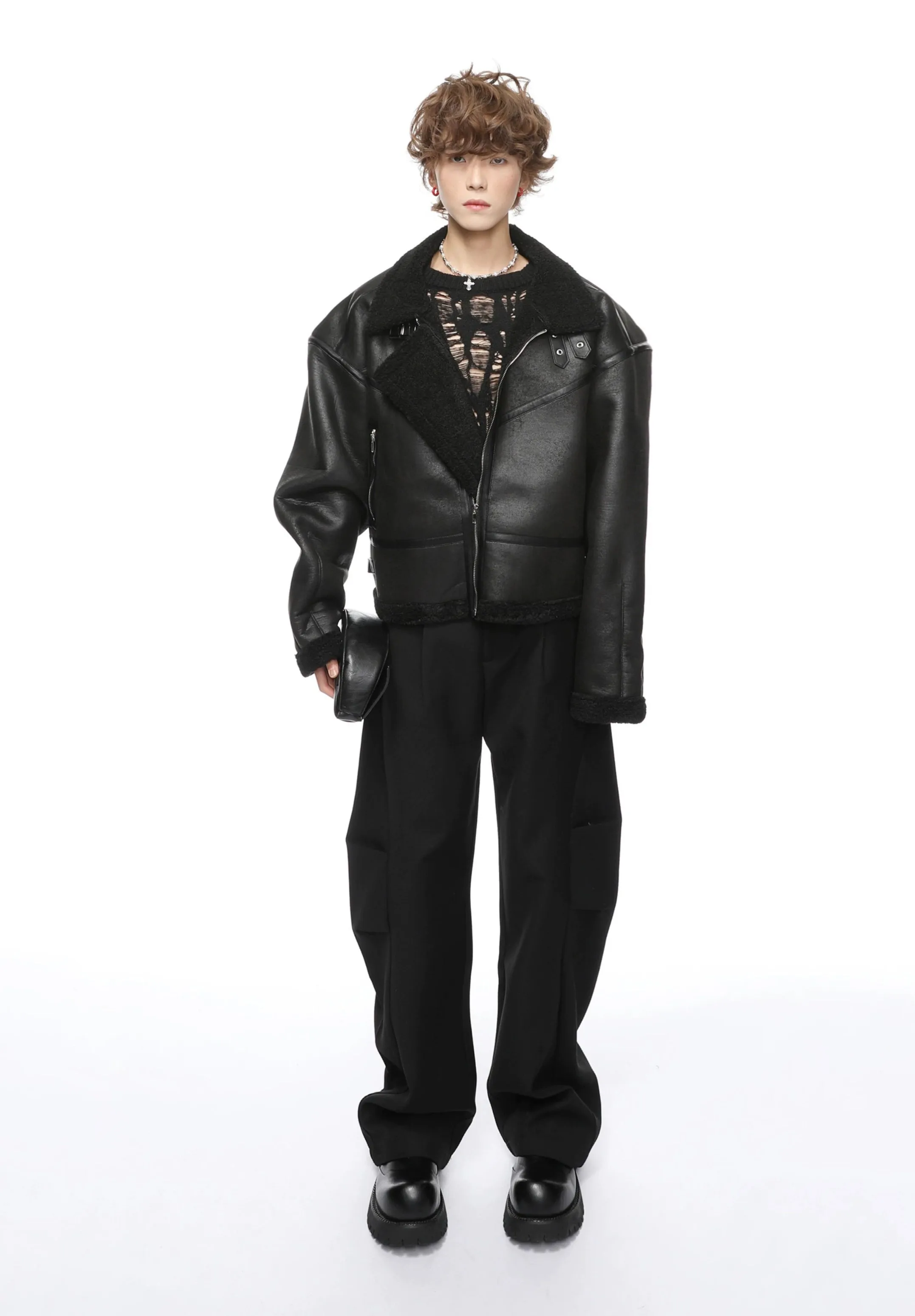 Mid-Crop Shearling Lined Faux Leather Aviator Jacket
