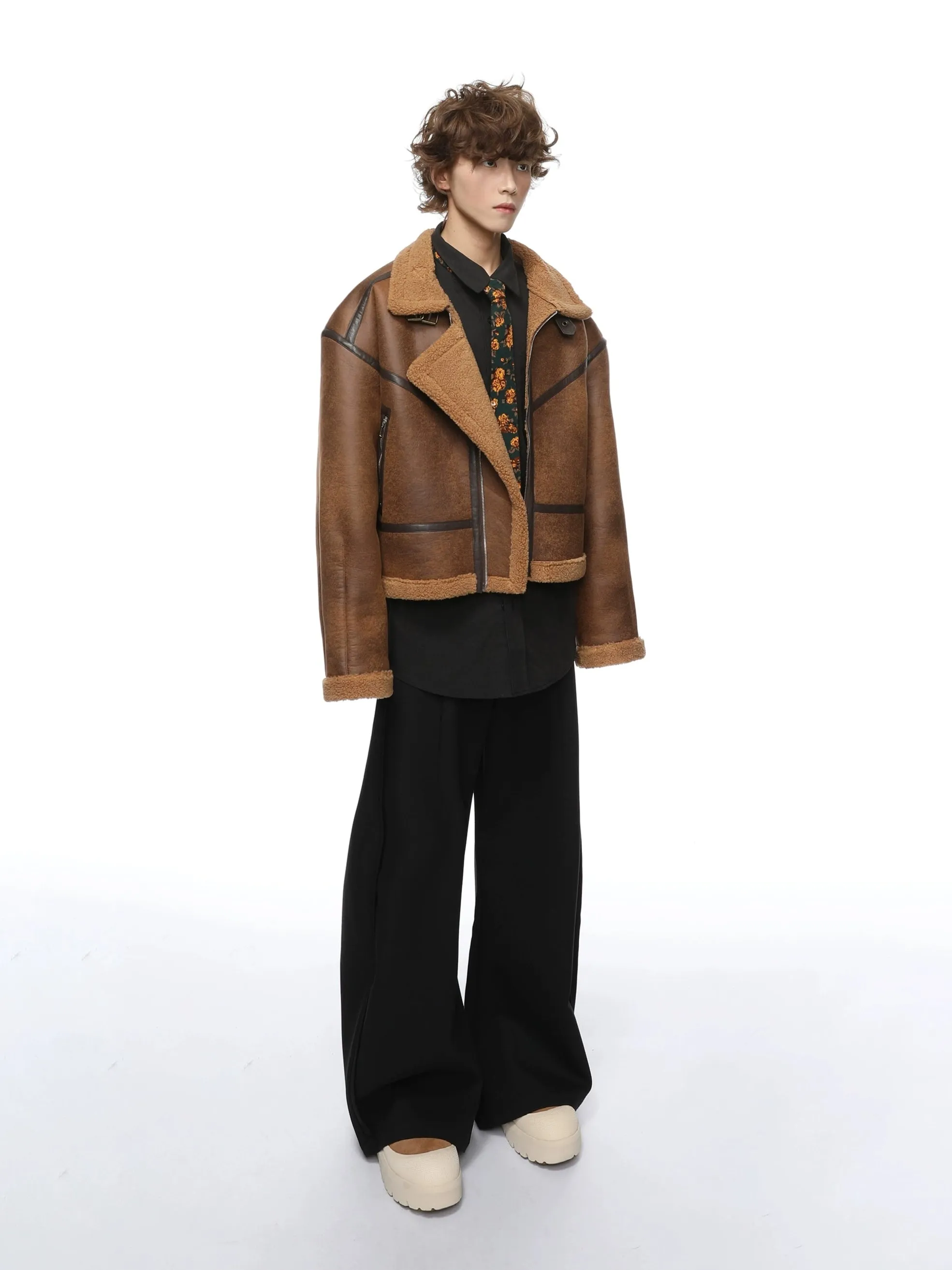 Mid-Crop Shearling Lined Faux Leather Aviator Jacket