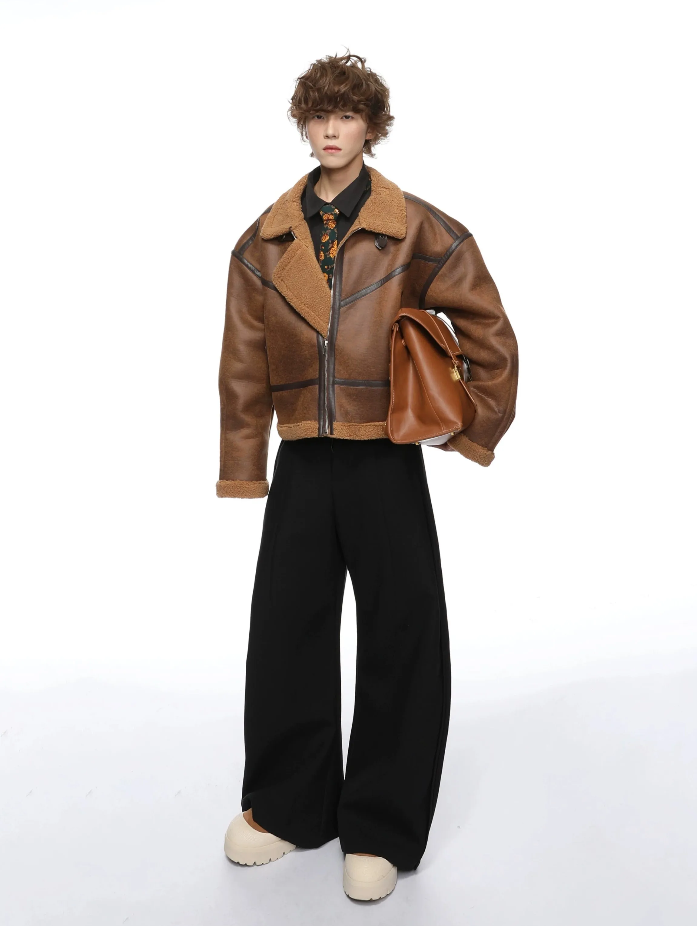 Mid-Crop Shearling Lined Faux Leather Aviator Jacket