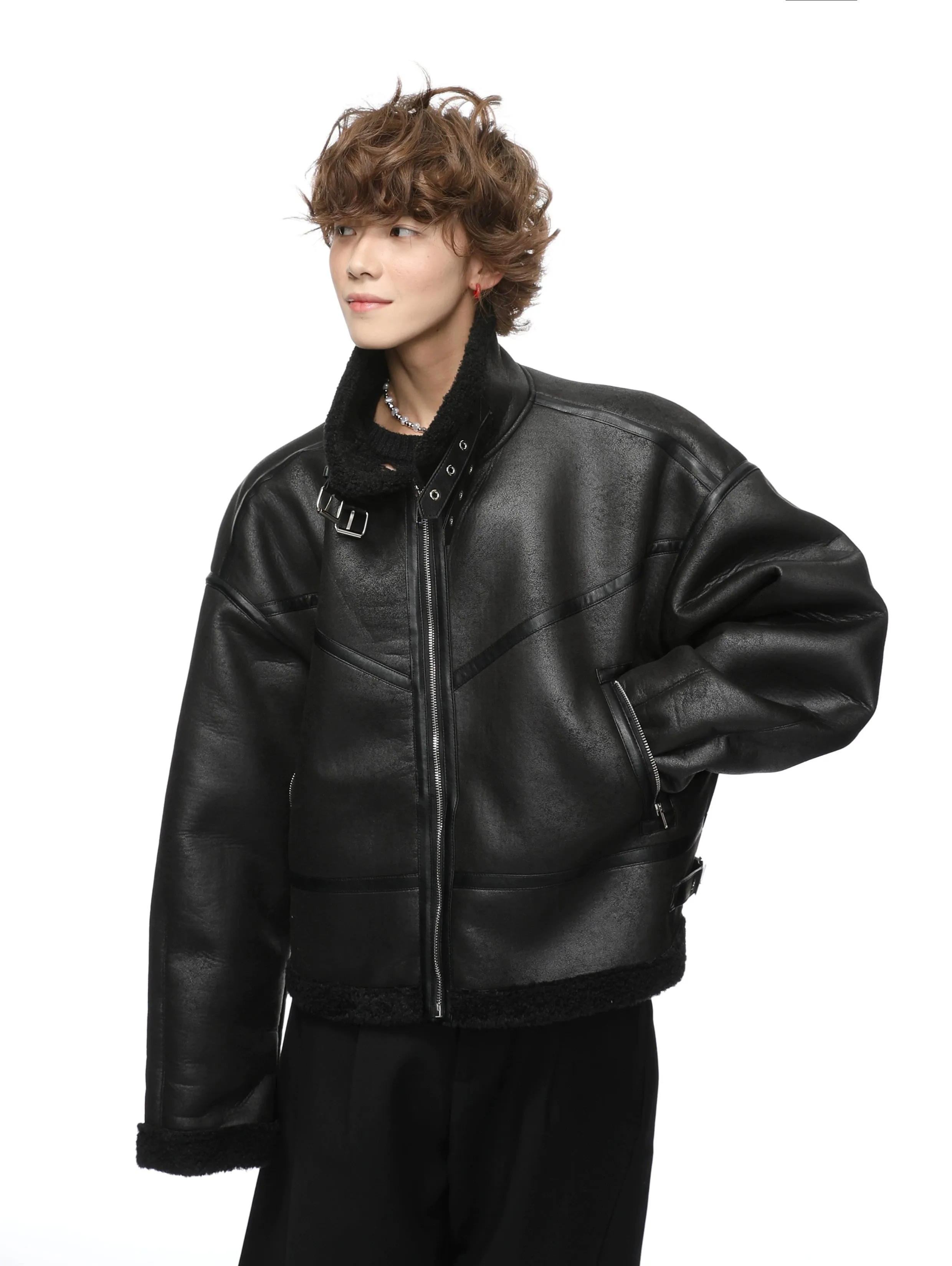 Mid-Crop Shearling Lined Faux Leather Aviator Jacket