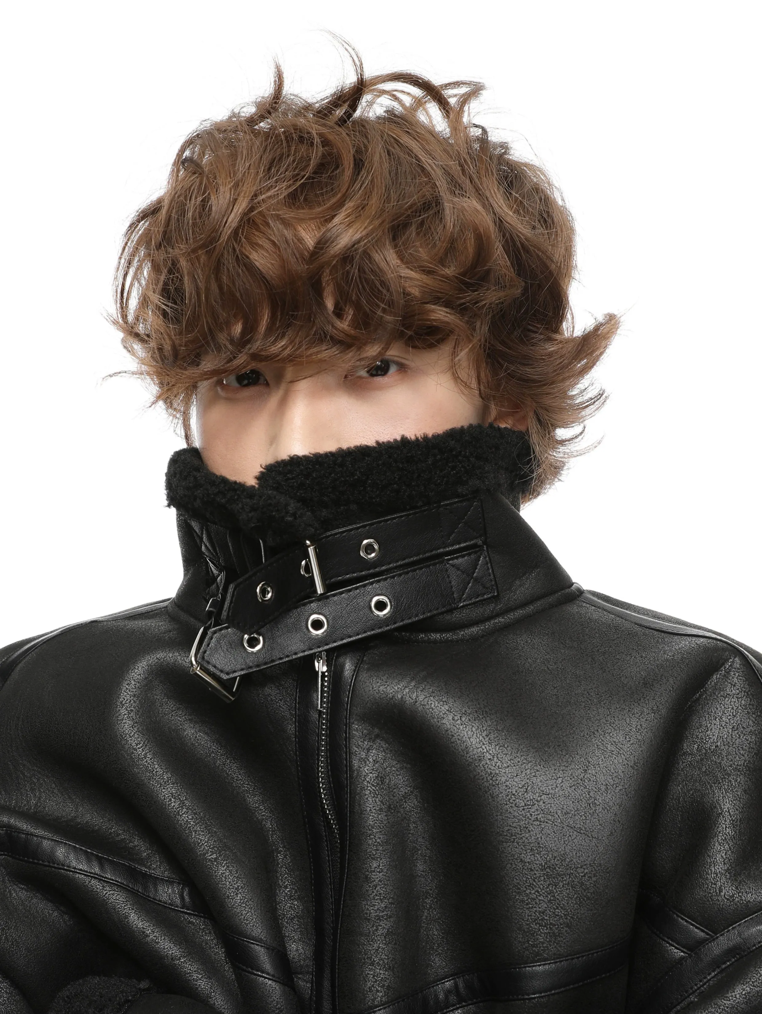 Mid-Crop Shearling Lined Faux Leather Aviator Jacket