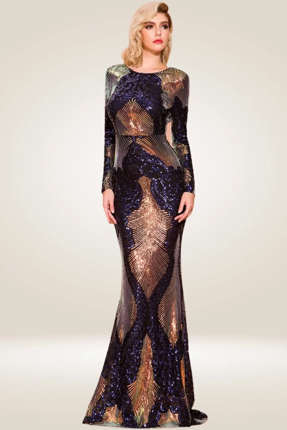 Navy Blue Sequin Long Sleeve Maxi Dress