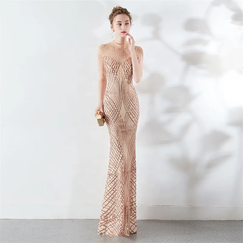 New spring summer hand-made beads decoration round neck elegant banquet noble dress women evening party dresses