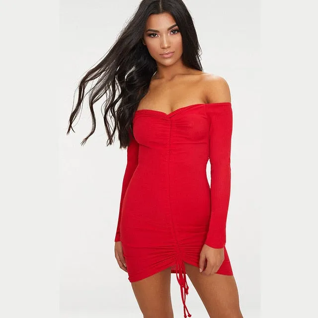 Off-Shoulder Drawstring Ribbed Dress