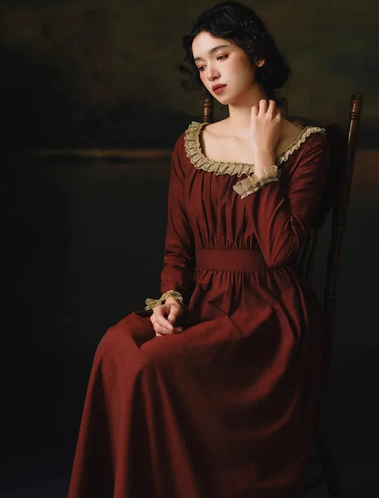 Period Drama Lace Collar High Waist Dress