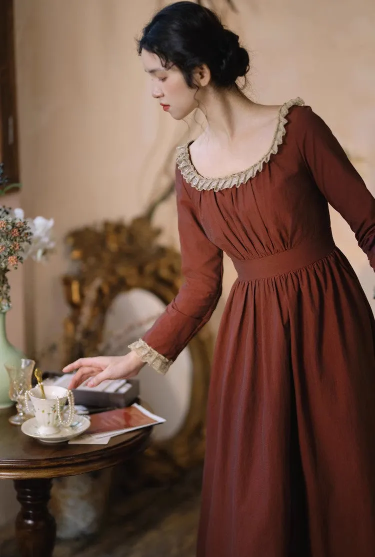 Period Drama Lace Collar High Waist Dress