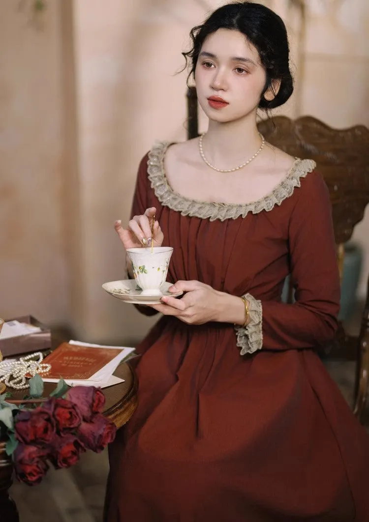 Period Drama Lace Collar High Waist Dress