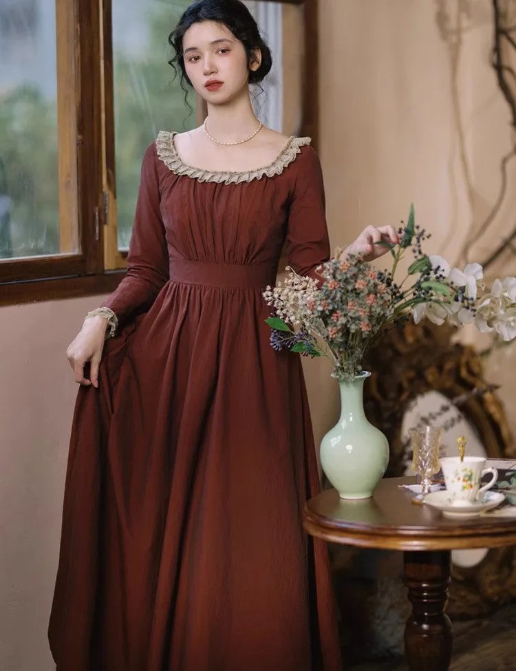 Period Drama Lace Collar High Waist Dress