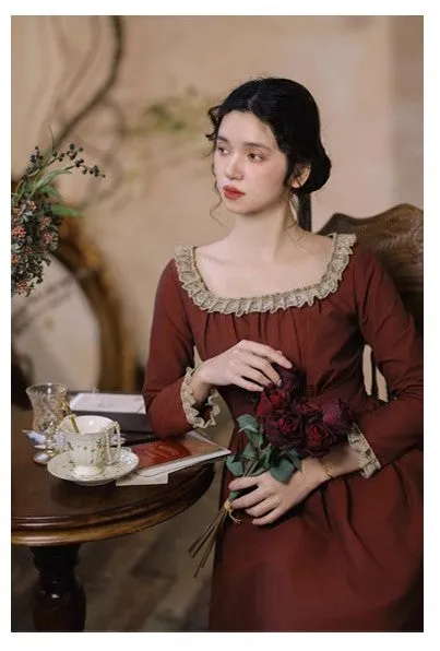 Period Drama Lace Collar High Waist Dress