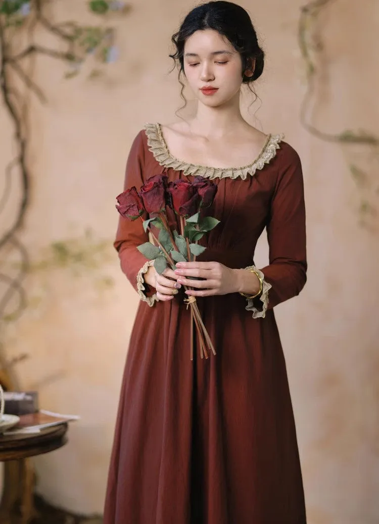 Period Drama Lace Collar High Waist Dress